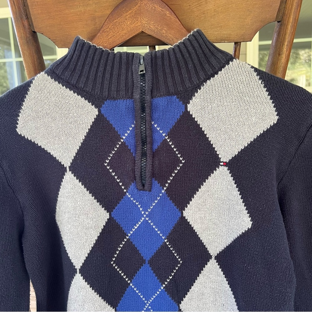 Tommy Hilfiger Boys 1/4 Zip Sweater Navy Blue Gray Diamonds Cotton Large 16/18